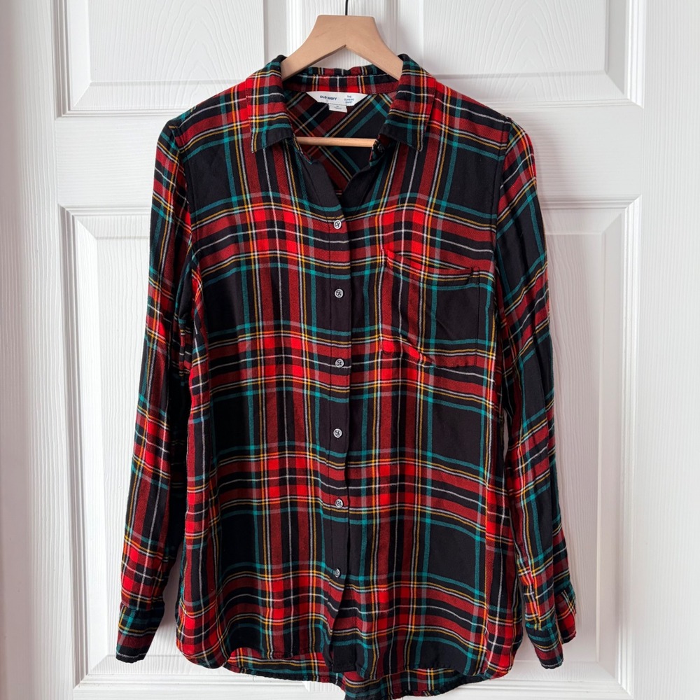 Old Navy The Classic Shirt Womens Medium Black Multi Plaid Rayon Button Up‎
